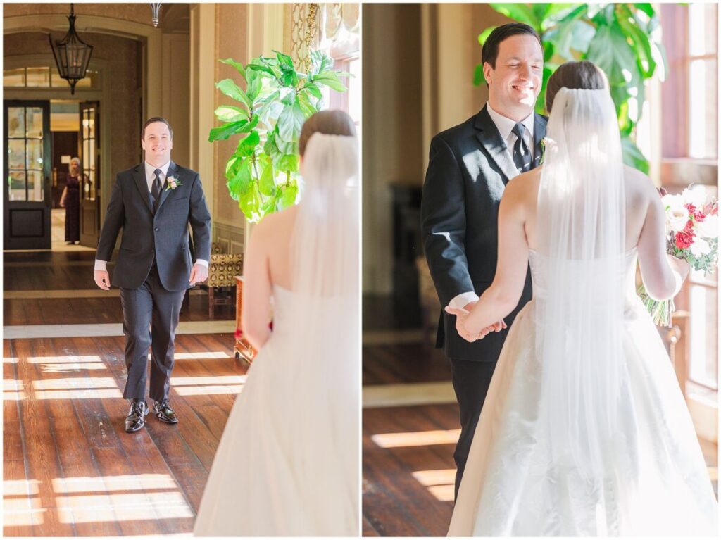 A loving groom sharing a first look with his stunning beautiful bride on their Cary wedding by JoLynn Photography