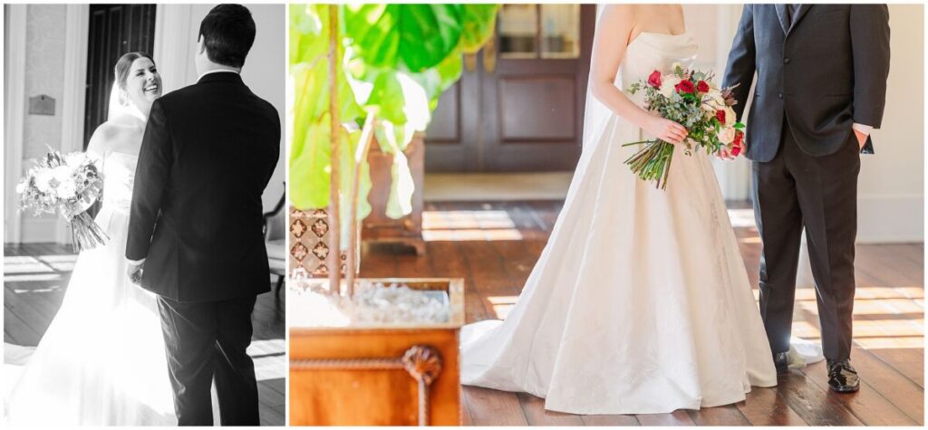 A loving groom sharing a first look with his stunning beautiful bride on their Cary wedding by JoLynn Photography