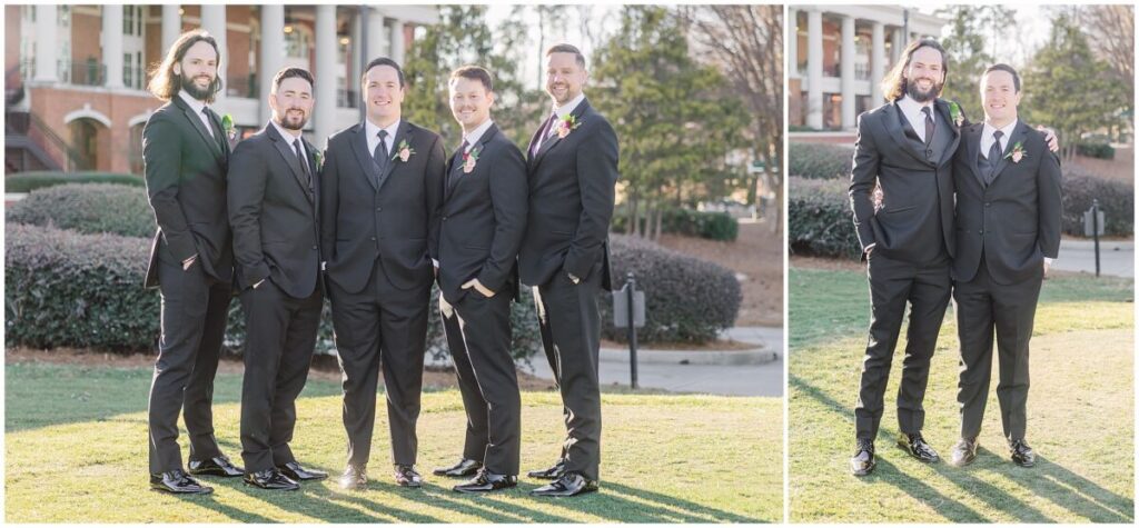 A happy groom and his four groomsmen in all black enjoying his Cary wedding by JoLynn Photography