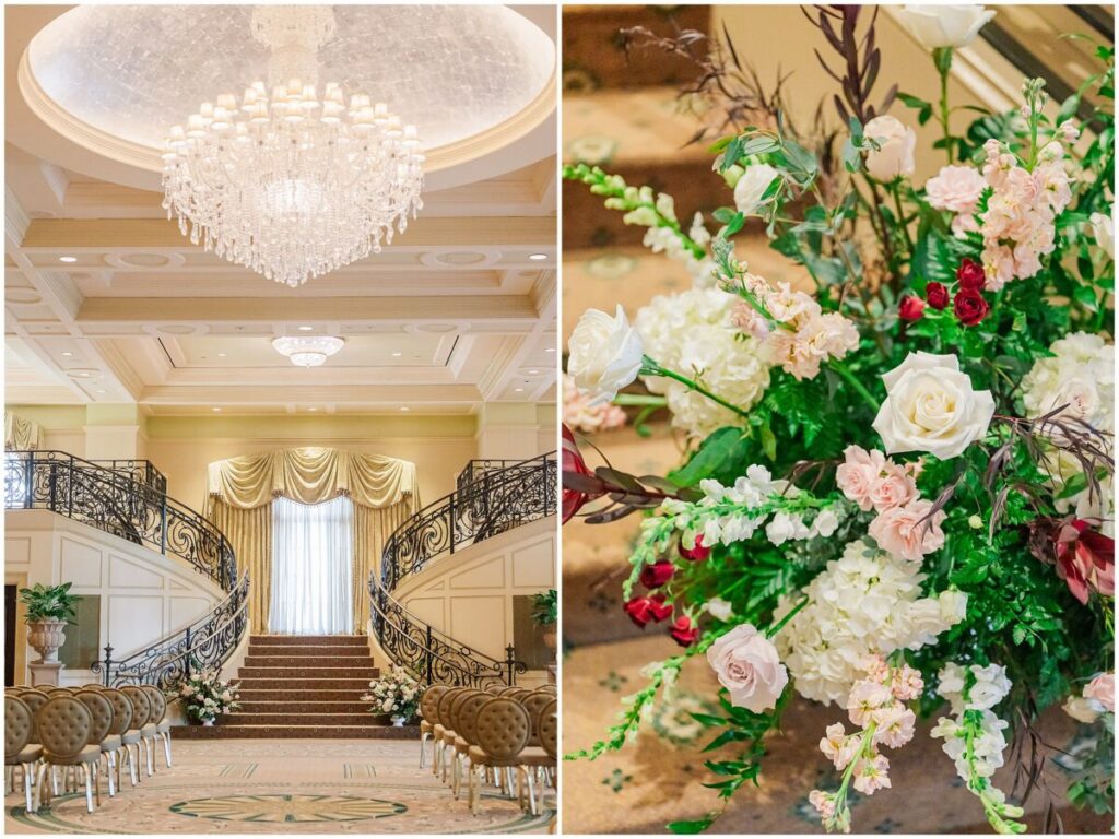 Beautiful winter wedding details of red, pink, and gold at a country club in Cary North Carolina