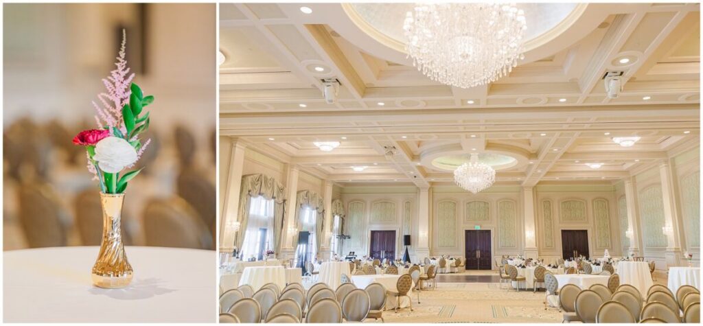 Beautiful winter wedding details of red, pink, and gold at a country club in Cary North Carolina