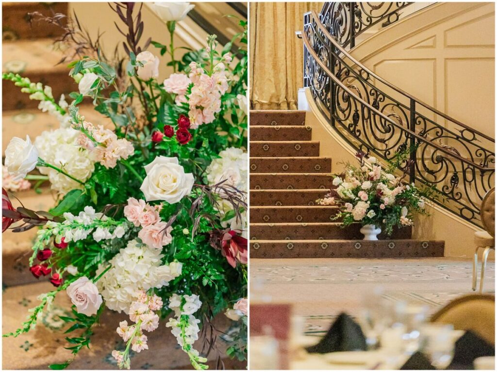 Beautiful winter wedding details of red, pink, and gold at a country club in Cary North Carolina
