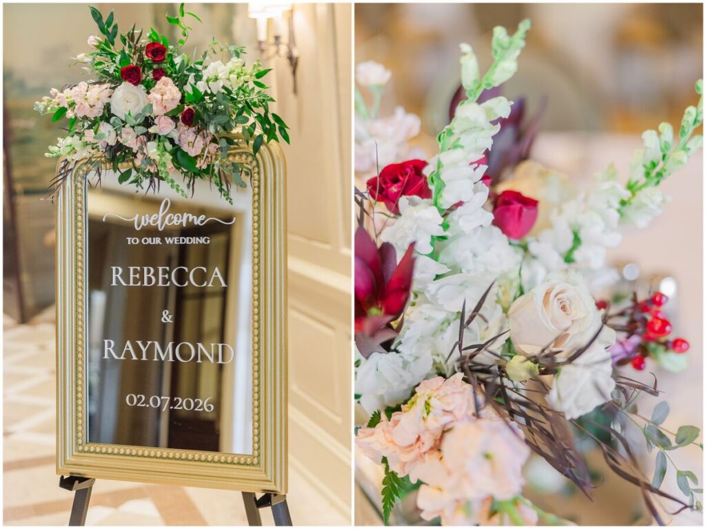 Beautiful winter wedding details of red, pink, and gold at a country club in Cary North Carolina