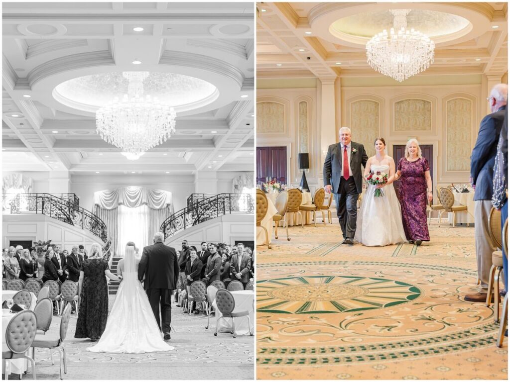 A glowing bride entering her wedding ceremony at a country club venue in Cary North Carolina
