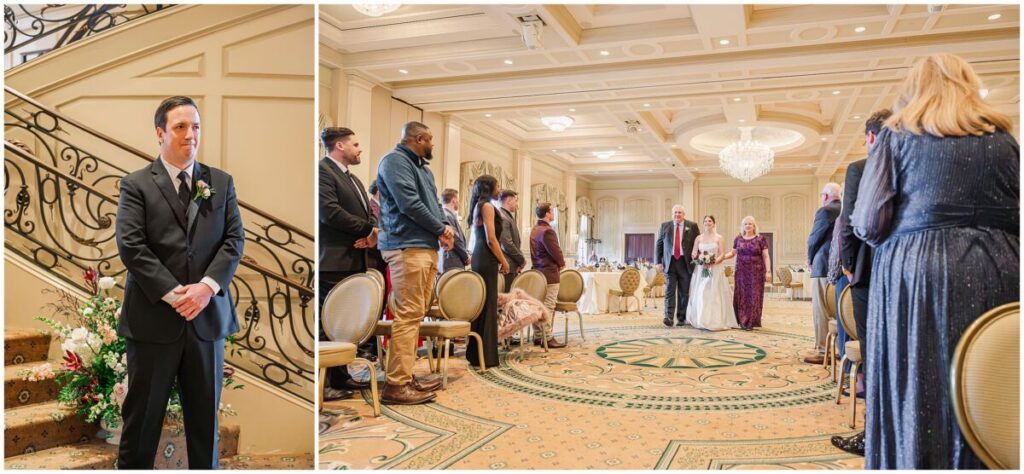 A glowing bride entering her wedding ceremony at a country club venue in Cary North Carolina