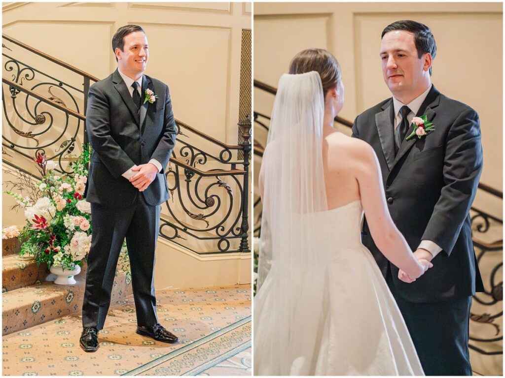 A glowing bride entering her wedding ceremony at a country club venue in Cary North Carolina