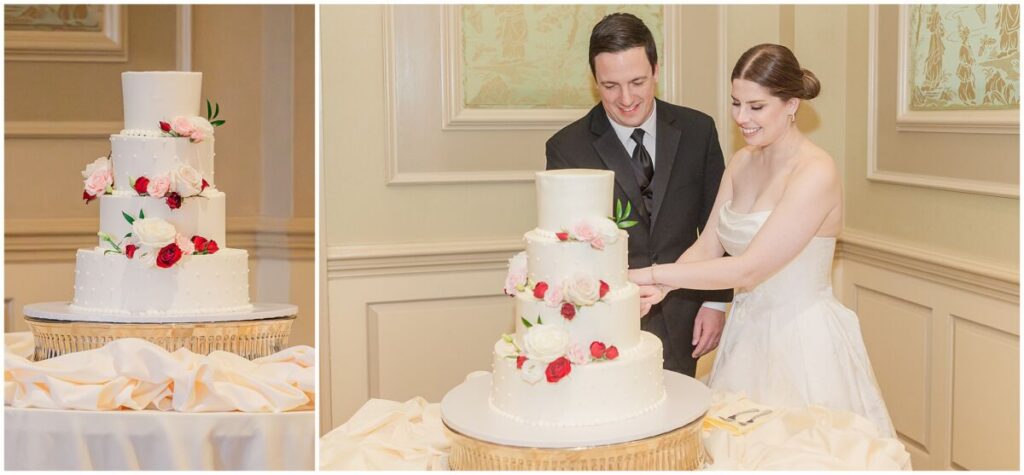 A loving couple cutting their wedding cake