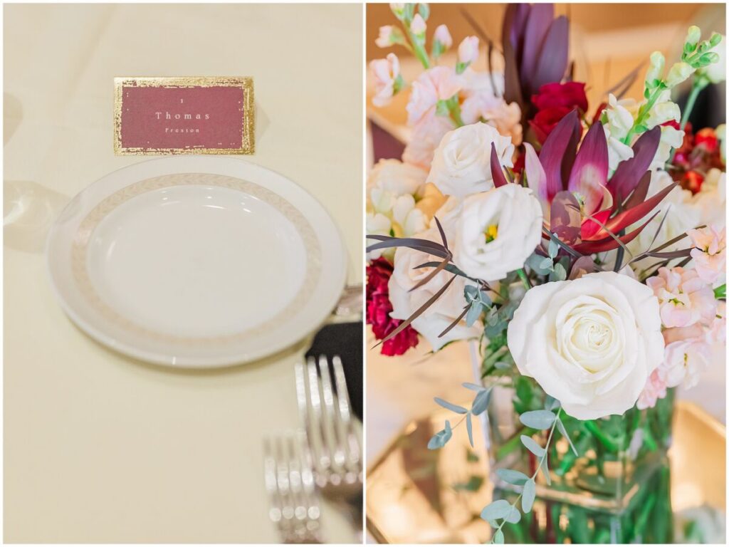 Stunning red, pink, and gold wedding details during a winter wedding in Cary North Carolina