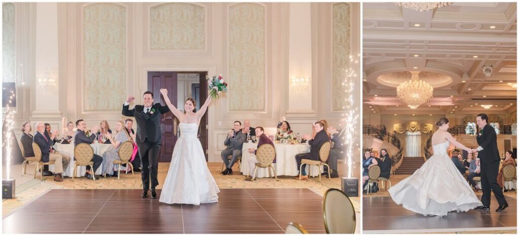 A happy couple entering their wedding reception surrounded by family and friends while sparklers go off during their Cary wedding by JoLynn Photography