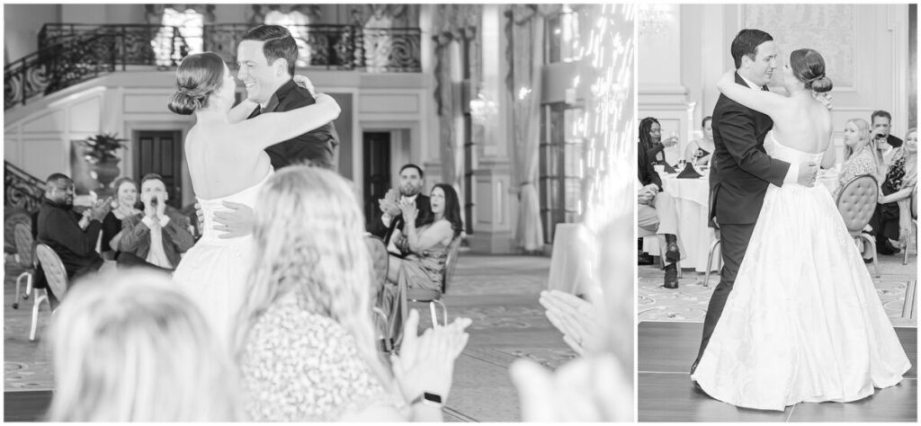 A happy couple entering their wedding reception surrounded by family and friends while sparklers go off during their Cary wedding by JoLynn Photography