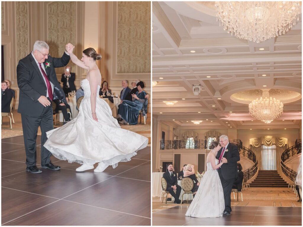 A happy bride sharing a father daughter dance in a grand ballroom in Cary North Carolina