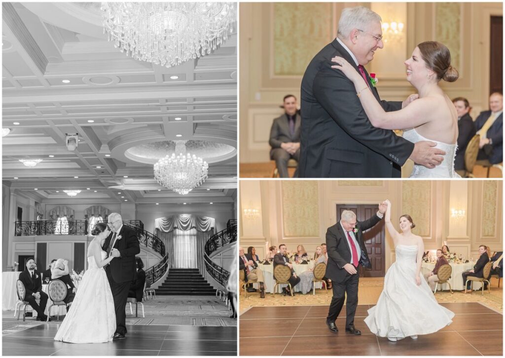 A happy bride sharing a father daughter dance in a grand ballroom in Cary North Carolina