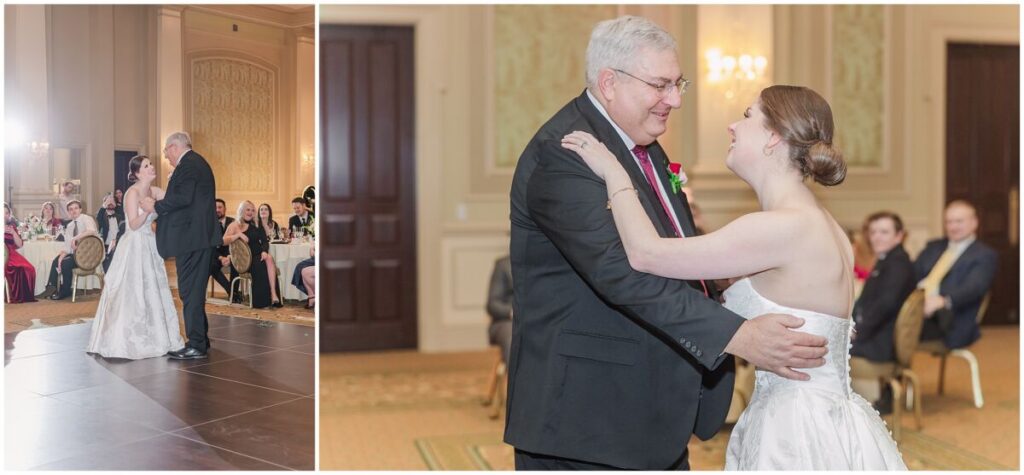 A happy bride sharing a father daughter dance in a grand ballroom in Cary North Carolina