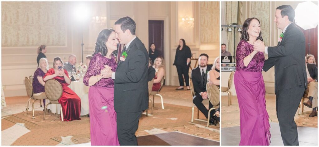 A happy groom sharing a mother son dance in a grand ballroom in Cary North Carolina