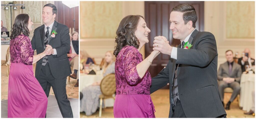 A happy groom sharing a mother son dance in a grand ballroom in Cary North Carolina