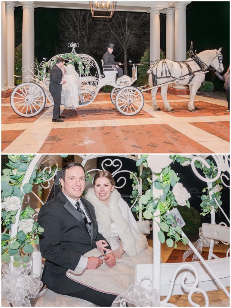 A happy couples grand exit with a horse and buggy on their Cary wedding day