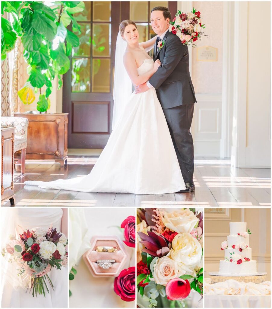 A happy couple wrapped in reds and pinks during their winter Cary wedding by JoLynn Photography