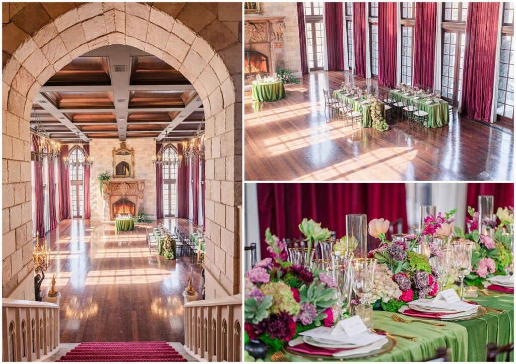 Beautiful warm green and red wedding reception in the grand reception hall at Dover Hall Estate by JoLynn Photography
