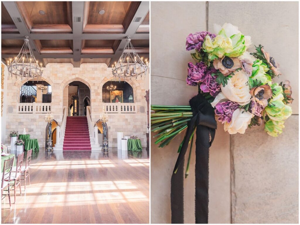Beautiful warm green and red wedding reception in the grand reception hall at Dover Hall Estate by JoLynn Photography