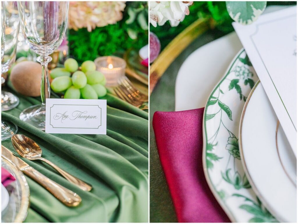 Beautiful warm green and red wedding reception in the grand reception hall at Dover Hall Estate by JoLynn Photography