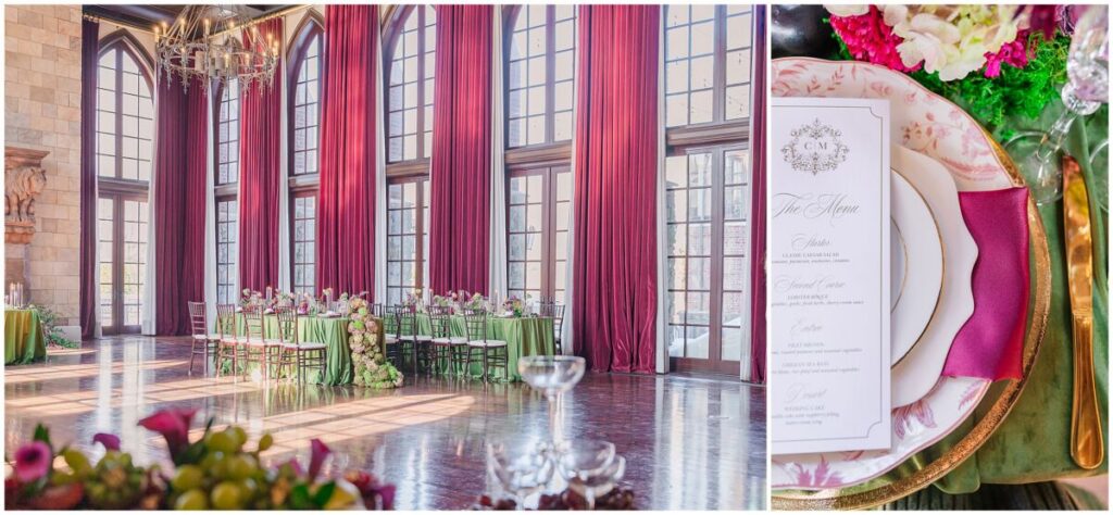 Beautiful warm green and red wedding reception in the grand reception hall at Dover Hall Estate by JoLynn Photography