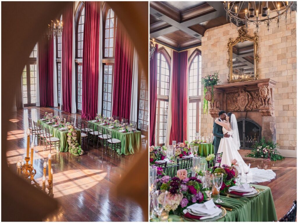 Beautiful warm green and red wedding reception in the grand reception hall at Dover Hall Estate by JoLynn Photography