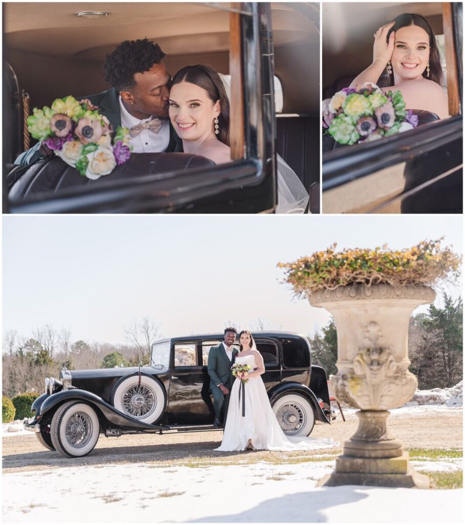 A happy couple enjoying their portrait session next to an all black Rolls Royce at Dover Hall Estate