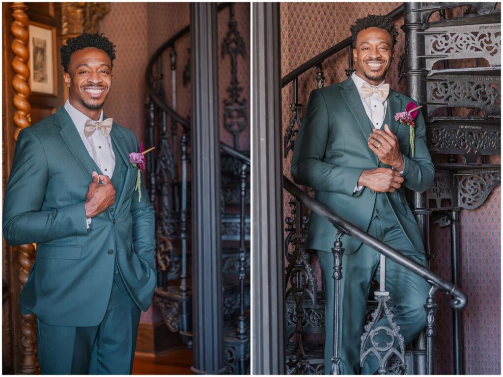 Handsome groom portraits on a spiral staircase in Dover Hall Estate by JoLynn Photography