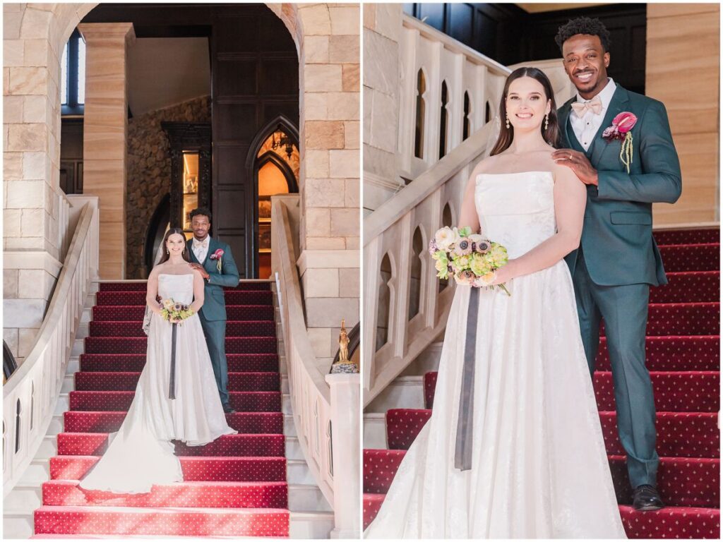 A happy couple enjoying their portrait session on the grand staircase at Dover Hall Estate