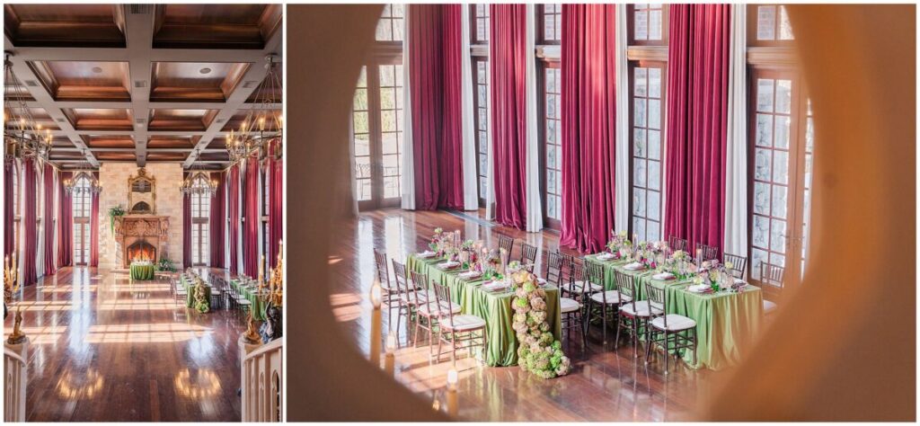 A stunning warm green and red wedding reception at Dover Hall Estate by JoLynn Photography