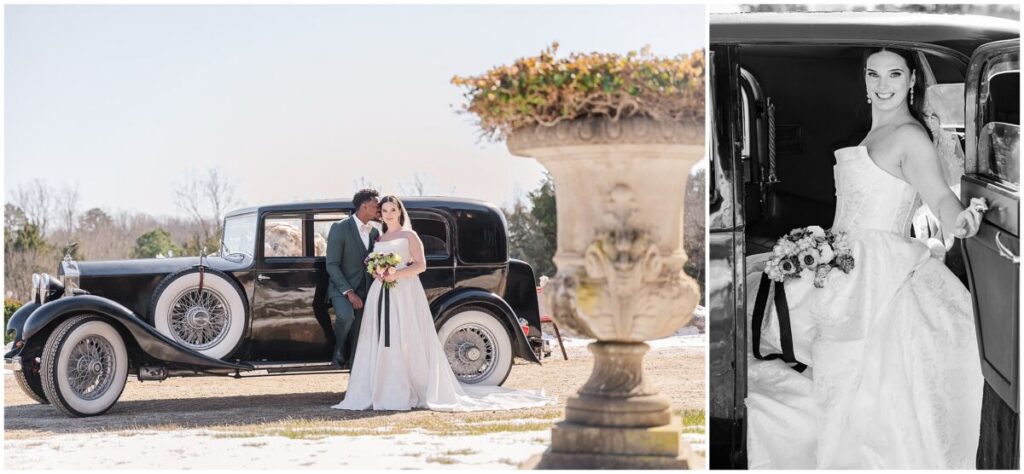 A happy couple enjoying their portrait session next to an all black Rolls Royce at Dover Hall Estate