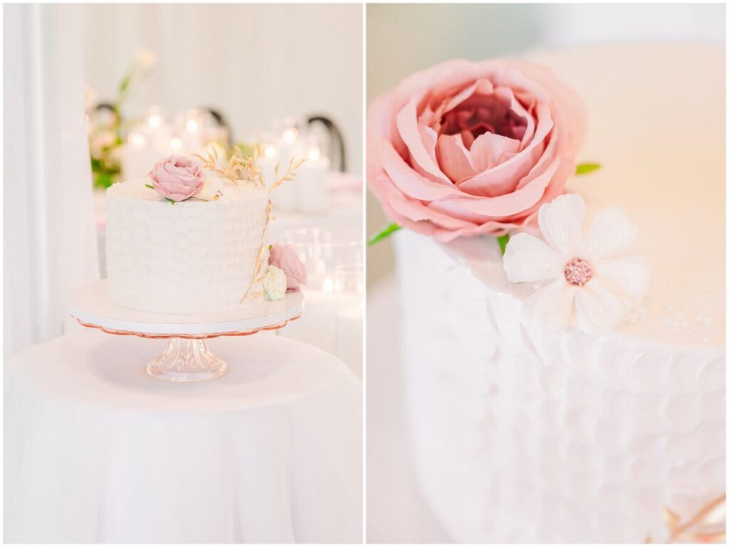 A stunning spring editorial with soft pink florals and warm lighting under romantic drapery at The Skyroom by JoLynn Photography