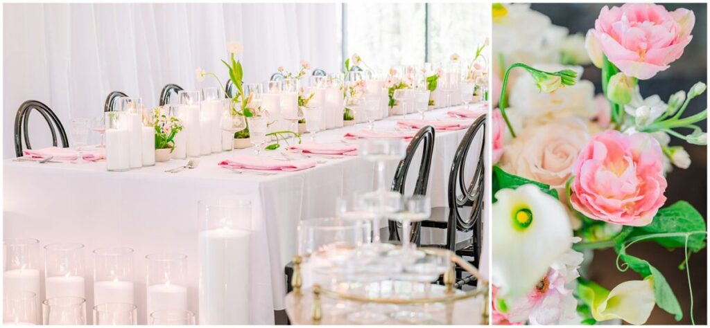 A stunning spring editorial with soft pink florals and warm lighting under romantic drapery at The Skyroom by JoLynn Photography