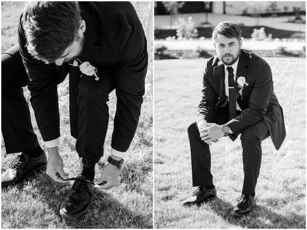Handsome groom portraits in black and white.