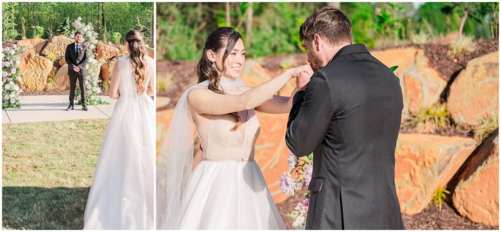 A loving couple sharing their vows in front of a spring wedding ceremony at The Skyroom by JoLynn Photography.