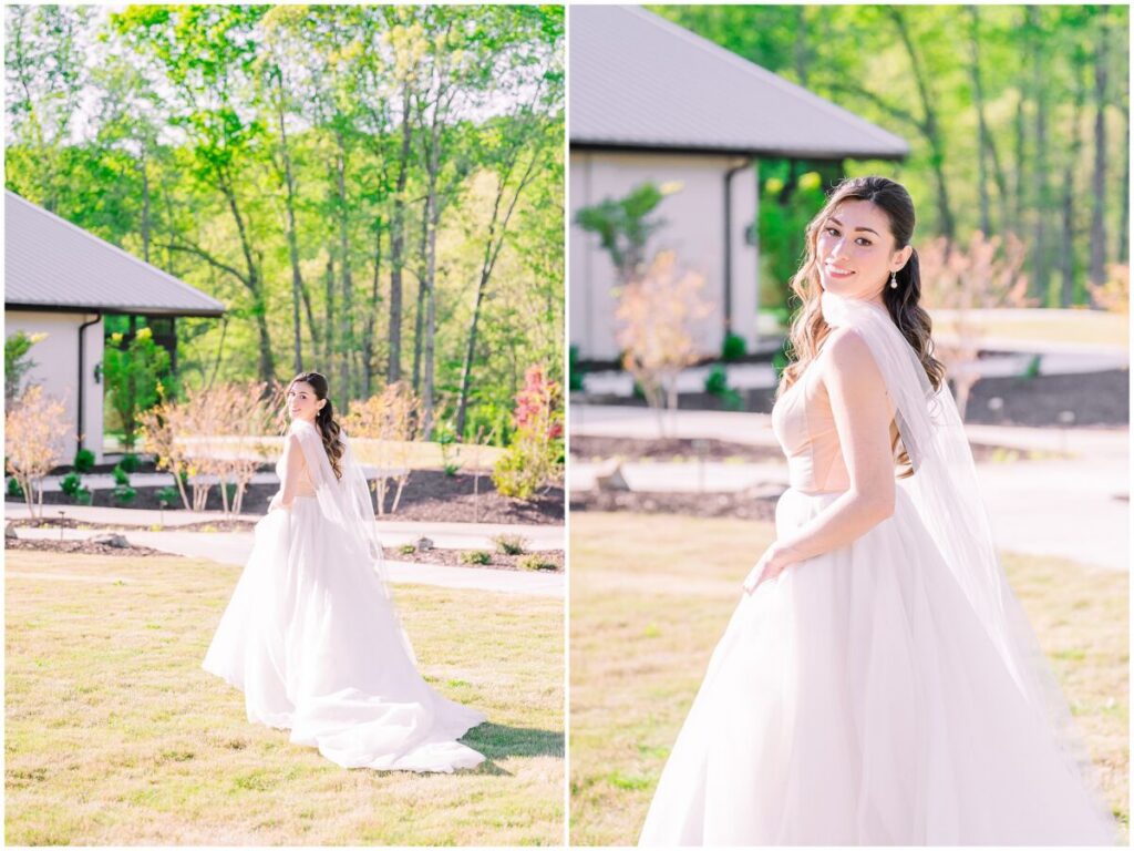 A glowing brunette bride in a sparkly dress in a glowing green field at The Skyroom by JoLynn Photography