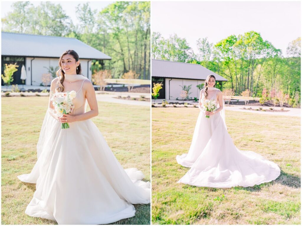 Glowing spring bridal portraits in a pretty green field 