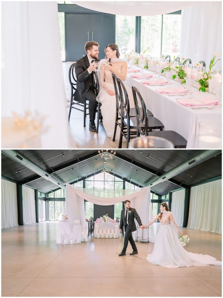 A stunning spring editorial with soft pink florals and warm lighting under romantic drapery at The Skyroom by JoLynn Photography