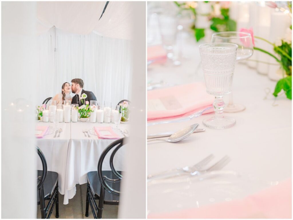 A stunning spring editorial with soft pink florals and warm lighting under romantic drapery at The Skyroom by JoLynn Photography