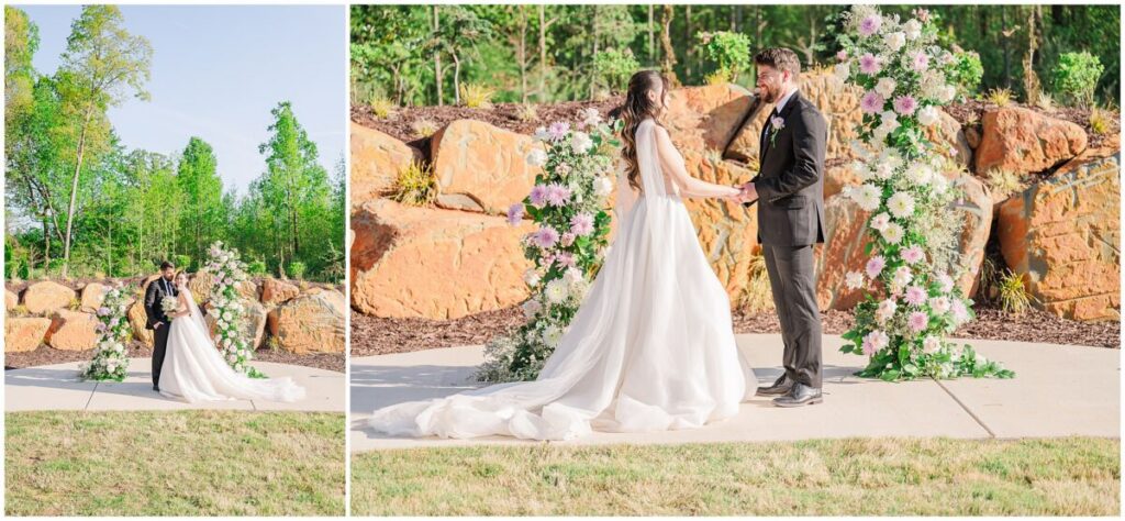 A loving couple sharing their vows in front of a spring wedding ceremony at The Skyroom by JoLynn Photography.