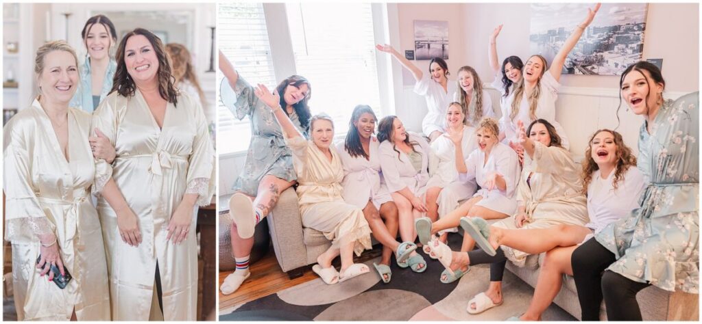 A fun wedding party getting ready during a spring wedding day in Wilmington