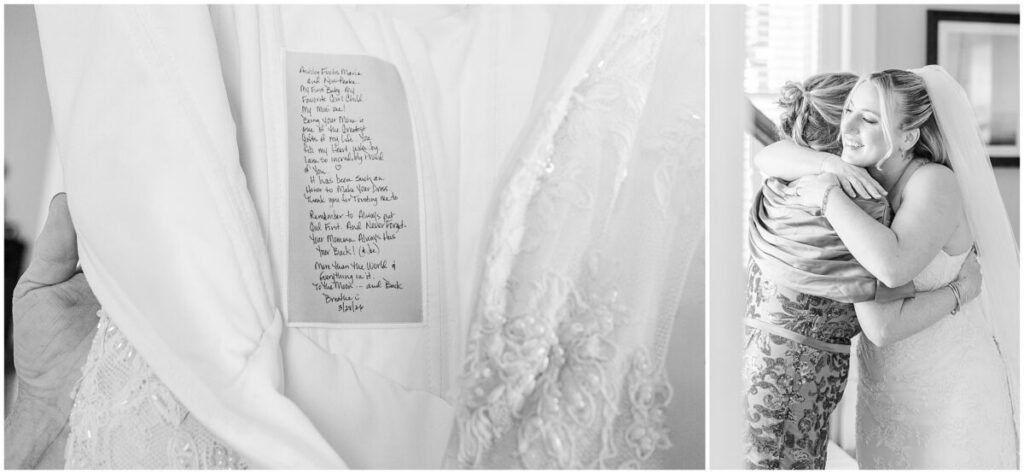 A loving mom helping her daughter into her wedding dress in downtown Wilmington