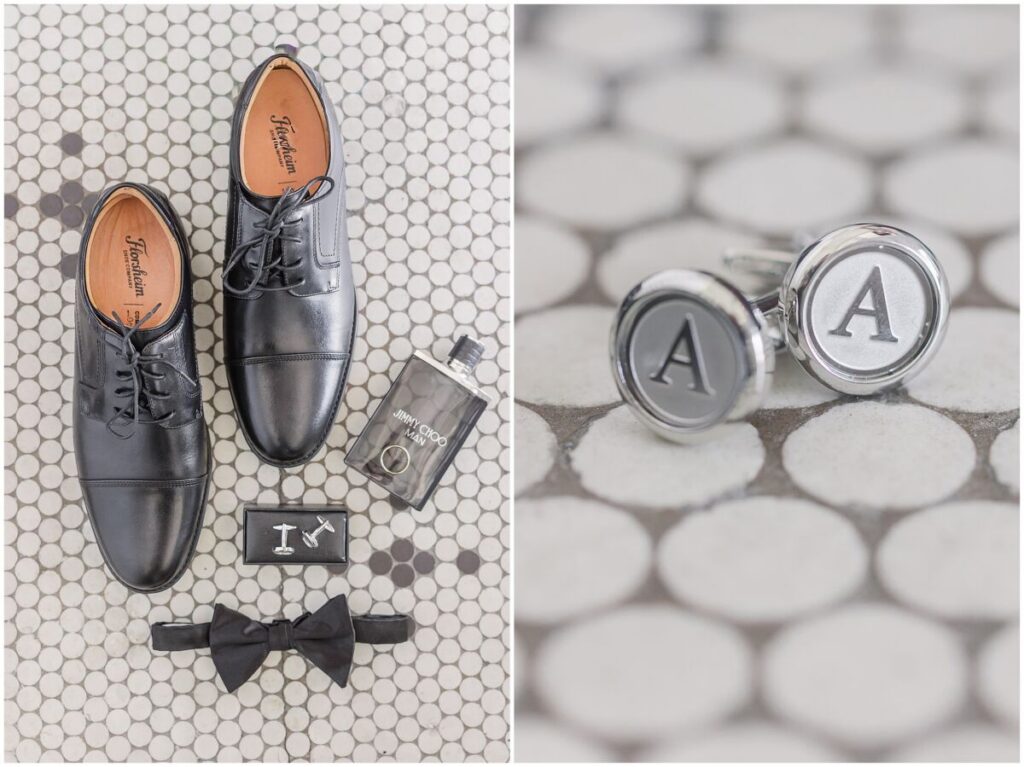Iconic black and white groom details