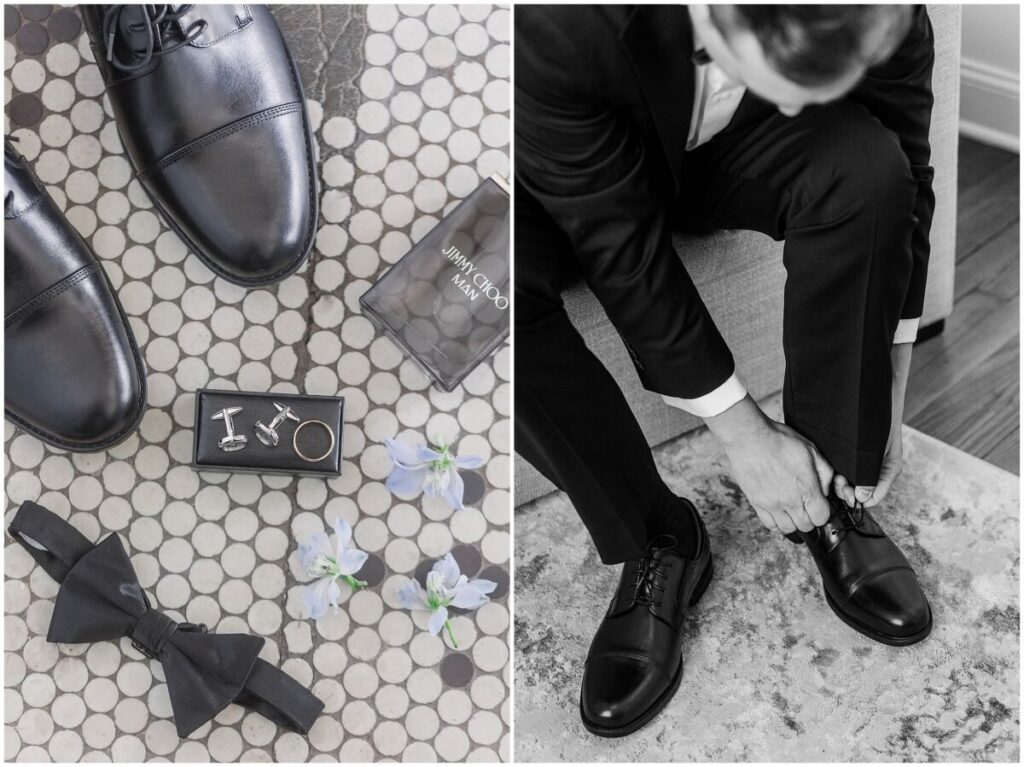 Iconic black and white groom details