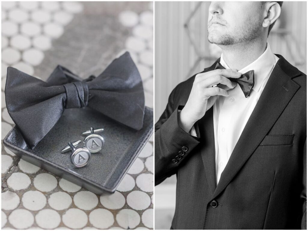 A handsome groom in an all black tux getting ready for his Brooklyn Arts Center Wedding Day by JoLynn Photography