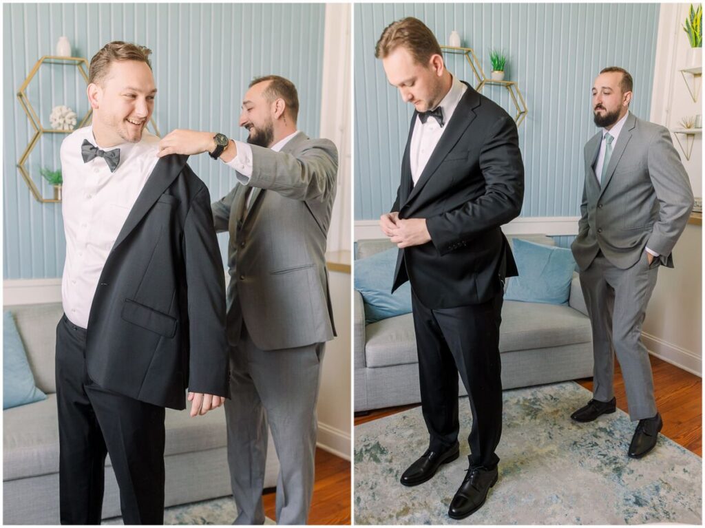 A handsome groom in an all black tux getting ready for his Brooklyn Arts Center Wedding Day by JoLynn Photography