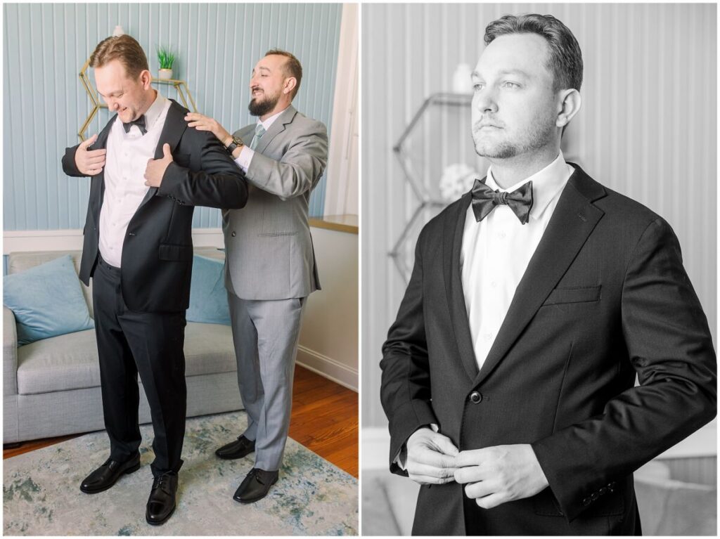 A handsome groom in an all black tux getting ready for his Brooklyn Arts Center Wedding Day by JoLynn Photography