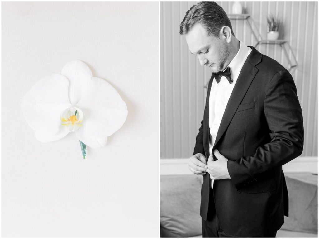 A handsome groom in an all black tux getting ready for his Brooklyn Arts Center Wedding Day by JoLynn Photography