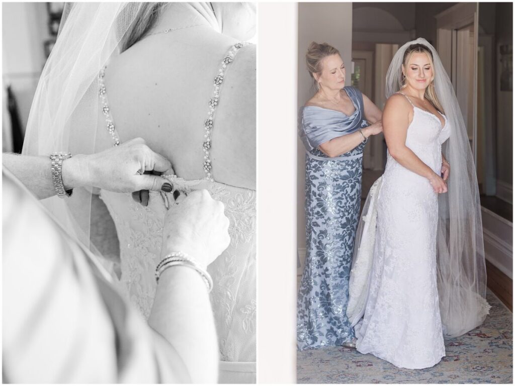 A loving mom helping her daughter into her wedding dress in downtown Wilmington