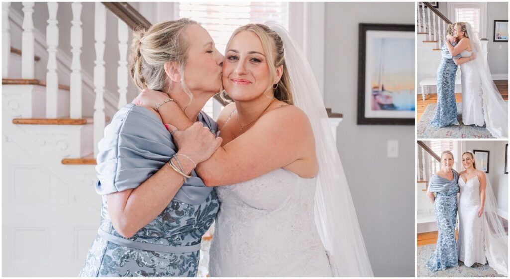 A loving mom helping her daughter into her wedding dress in downtown Wilmington
